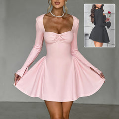 Deep V-Neck Bodycon Dress – Long Sleeve Mini Length Stretch Knit