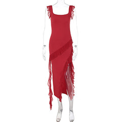 Strappy Midi Dress – Rayon Challis Side Slit Contrast Stitching
