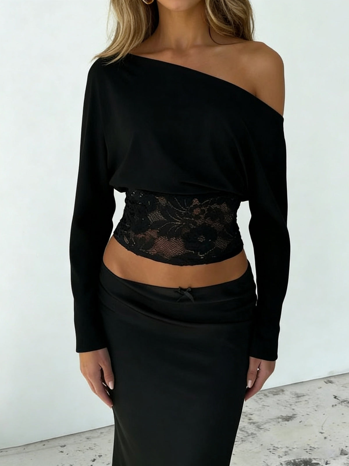 Batwing Sleeve Top – Off Shoulder Lace Patchwork Size Down
