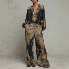 Korean-Style Knit Set – V-Neck Top & Wide Leg Pants Spring