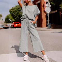 Short-Sleeve Top & Wide-Leg Pants Set – Polyester Spandex Cold Wash