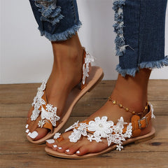 Boho Lace-Up Sandals – Floral Embroidered Ankle Strap Flat