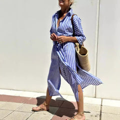 Striped Shirt Dress with Belt – Button-Front Midi Dress Summer