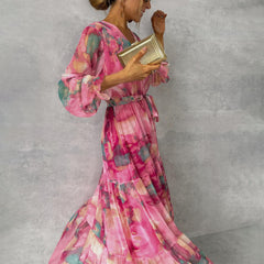 Floral Chiffon Maxi Dress – Long Sleeve Pleated Cold Wash Sheer
