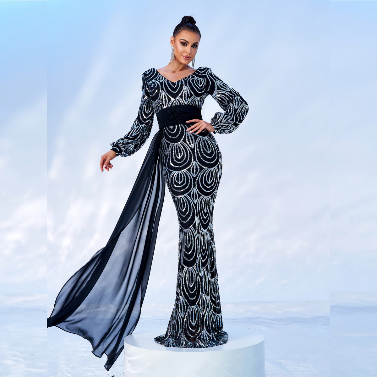 Long Sleeve Sequined Gown – Modest V-Neck Polyester Spandex Evening